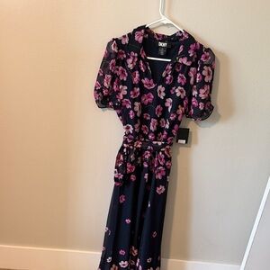 DKNY Black Midi Dress with Pink Floral Print